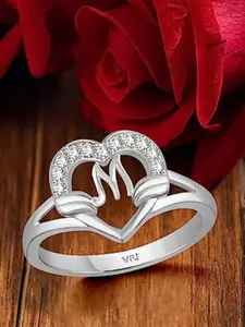 Vighnaharta Rhodium Plated CZ Studded Heart Shaped M Alphabet Finger Ring