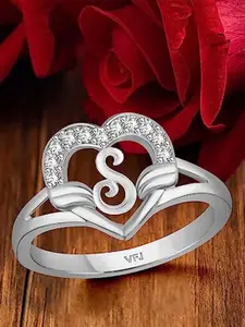 Vighnaharta Rhodium Plated CZ Studded S Alphabet Finger Ring