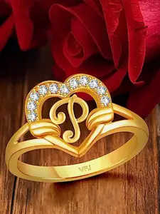 Vighnaharta Gold-Plated CZ Studded Alphabet P Finger Ring