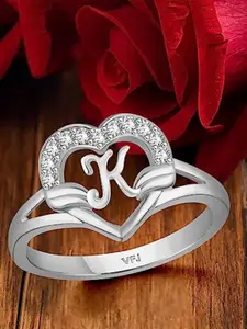 Vighnaharta Rhodium-Plated CZ Studded Alphabet K Finger Ring