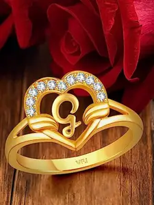 Vighnaharta Gold-Plated CZ Studded Alphabet V Heart Finger Ring