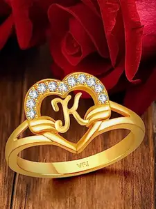 Vighnaharta Gold-Plated CZ Studded Alphabet K Finger Ring