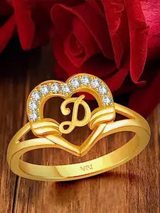 Vighnaharta Gold-Plated CZ Studded Alphabet D Finger Ring