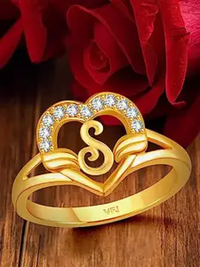 Vighnaharta Gold Plated CZ Studded S Alphabet Finger Ring