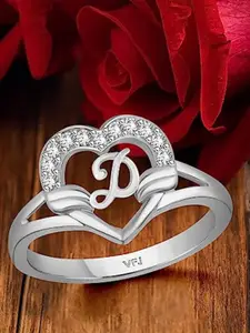 Vighnaharta Rhodium-Plated CZ Studded Alphabet D Finger Ring