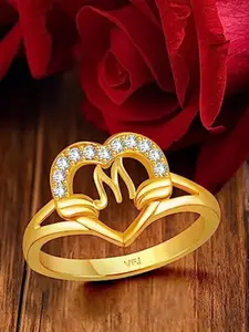 Vighnaharta Gold-Plated CZ Studded Alphabet M Finger Ring