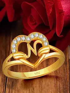 Vighnaharta Gold-Plated CZ Studded Alphabet N Finger Ring