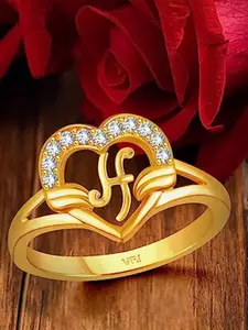 Vighnaharta Gold-Plated CZ Studded Alphabet H Heart Finger Ring