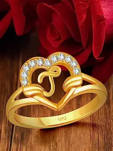 Vighnaharta Gold-Plated CZ Studded Alphabet J Heart Finger Ring