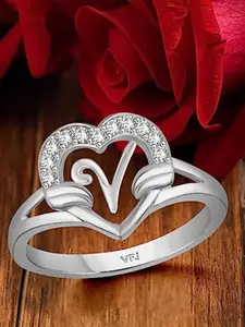 Vighnaharta Rhodium-Plated CZ Studded Alphabet V Heart Finger Ring