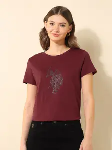 U.S. Polo Assn. Women Brand Logo Embellished Cotton Slim Fit T-shirt