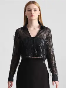 ONLY Women Embellished Semi Sheer Crop Party Shirt