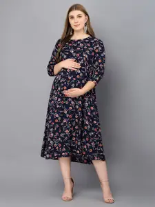 KALINI Floral Printed Round Neck Maternity A-Line Midi Dress