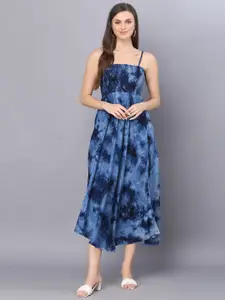 KALINI Tie & Dyed Shoulder Straps Smocked Fit & Flare Midi Dress