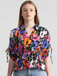ONLY Floral Printed Shirt Collar A -Line Top With Tie- Ups