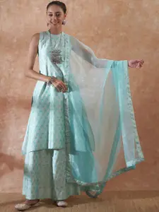 InWeave Blue & White Woven Design Straight Kurta & Skirt With Dupatta