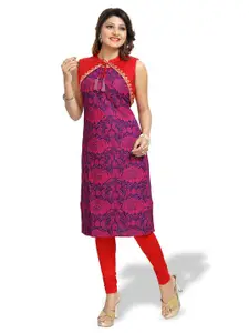 keshubaba Ethnic Motifs Printed Tie-Up Neck Thread Work Pure Cotton Straight Kurta