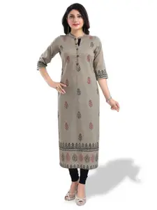 keshubaba Ethnic Motifs Printed Mandarin Collar Thread Work Pure Cotton Straight Kurta