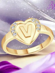 Vighnaharta Gold-Plated CZ Studded Alphabet V Finger Ring