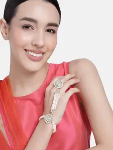LAIDA Women Kundan Oxidised Silver-Plated Ring Bracelet