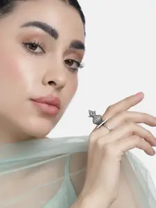 LAIDA Women Silver-Plated Kalash Oxidised Adjustable Finger Ring