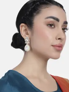 LAIDA Gold-Plated Artificial Stones-Studded Teardrop Shaped Drop Earrings