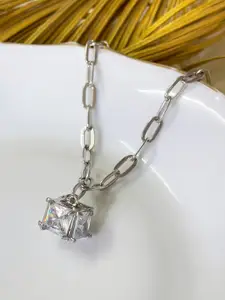 Ayesha Silver-Plated Stone-Studded & Square-Charm Pendant With Chain