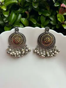 LAIDA Silver-Plated Oxidised Pearl Circular Drop Earrings