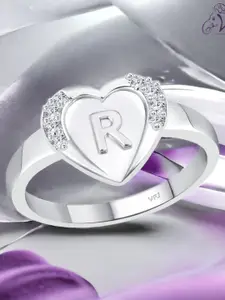 Vighnaharta Rhodium Plated CZ Studded R Alphabet Adjustable Finger Ring