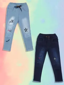 A-Okay Girls Pack Of 2 Slim Fit High-Rise Mildly Distressed Light Fade Embroidered Jeans