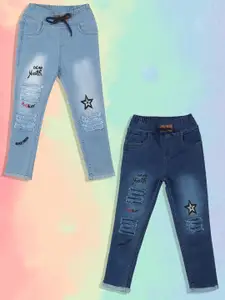 A-Okay Girls Pack Of 2 Slim Fit High-Rise Highly Distressed Light Fade Embroidered Jeans