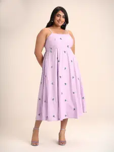 20Dresses Plus Size Violet Floral Printed Smocked Cotton Fit & Flare Midi Dress