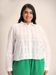 20Dresses Plus Size White Opaque Self Design Schiffli Casual Shirt