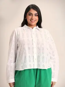 20Dresses Plus Size White Opaque Self Design Schiffli Casual Shirt