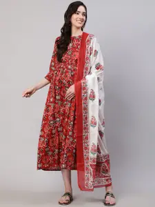 Nayo Maternity Floral Printed Fit & Flare Cotton Ethnic Dress With Dupatta