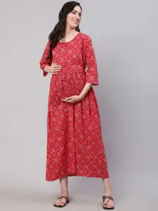 Nayo Maternity Ethnic Motifs Printed Tie-Up Detail Fit & Flare Cotton Ethnic Dress