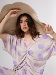 RAREISM Polka Dots Printed Kimono Sleeves Ruched Top