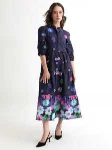RAREISM Floral Printed High neck Cotton Tiered Fit & Flare Midi Dress