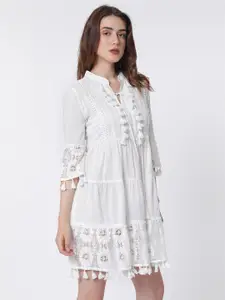 RAREISM Band Collar Bell Sleeve Tie-Up Detail Cotton Fit & Flare Dress
