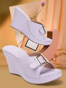 DressBerry Lavender Round Toe Wedge Heels With Buckles