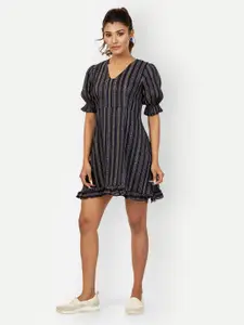 DRESOUL Striped V-Neck Puff Sleeve A-Line Mini Dress