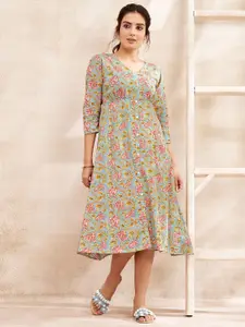 DRESOUL Floral Printed V-Neck Pure Cotton A-Line Midi Dress