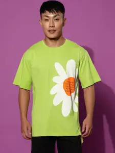 VEIRDO Lime Green Floral Printed Pure Cotton Oversized T-shirt