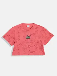 Puma Girls Super Humour & Comic Aop Youth Print Relaxed Fit Pure Cotton Crop T-shirt