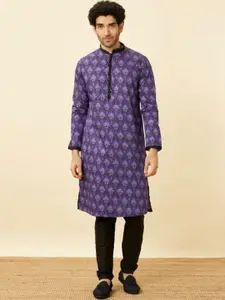Manyavar Purple Black Panther Mandarin Collar Geometric Printed Regular Kurta with Pyjamas