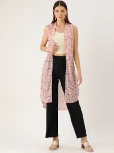 Rue Collection Women Pink & Black Printed Open Front Longline Shrug