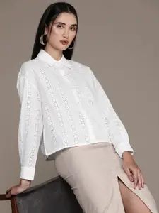MANGO Floral Schiffli Cotton Casual Shirt