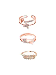 Yellow Chimes Set Of 3 Rose Gold Plated Crystal Studded Adjustable Finger Rings