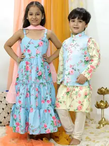 VASTRAMAY Boys Mandarin Collar Floral Printed Regular Kurta With Pyjamas