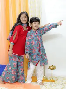 VASTRAMAY Boys Floral Printed Regular Thread Work Pure Cotton Kurta With Pyjamas